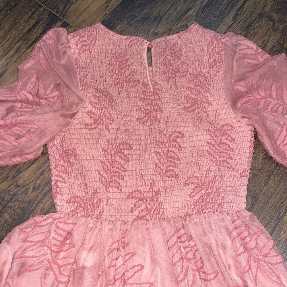 Baltic Born Dusty Rose Smocked Midi Dress Puff Sleeve Tiered Women's Size Small - Picture 4 of 9